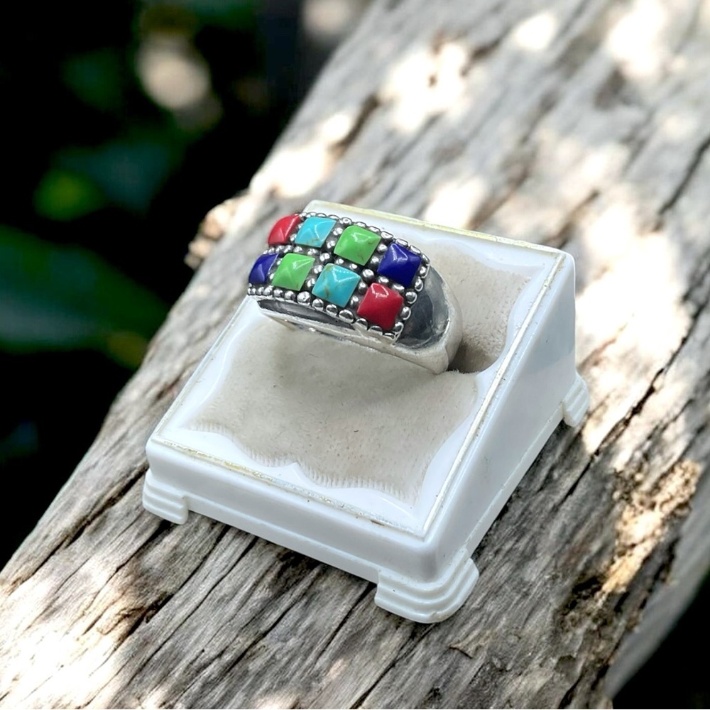 🌺 Sterling Silver Multicolor Stone Ring – Southwest / Zuni Style - Picture 4 of 8